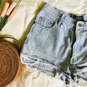 Vintage Mid Rise Distressed Light Wash Shorts
